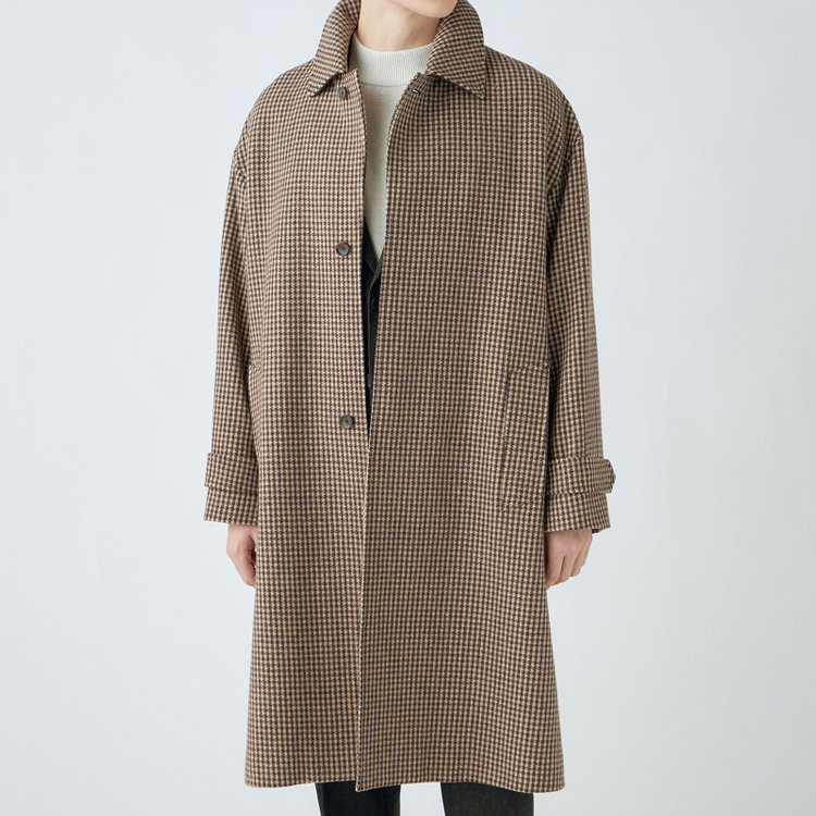 シルバーライン 【発送在庫あり】【SL】ウールブレンドステンカラードロップショルダーデュアリティサイドスリットコート/ベージュ＆ブラウン×チェック/140S BLENDED EXTRA FINE MERINO WOOL 茶中間