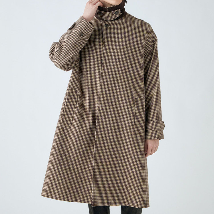 シルバーライン 【発送在庫あり】【SL】ウールブレンドステンカラードロップショルダーデュアリティサイドスリットコート/ベージュ＆ブラウン×チェック/140S BLENDED EXTRA FINE MERINO WOOL 茶中間