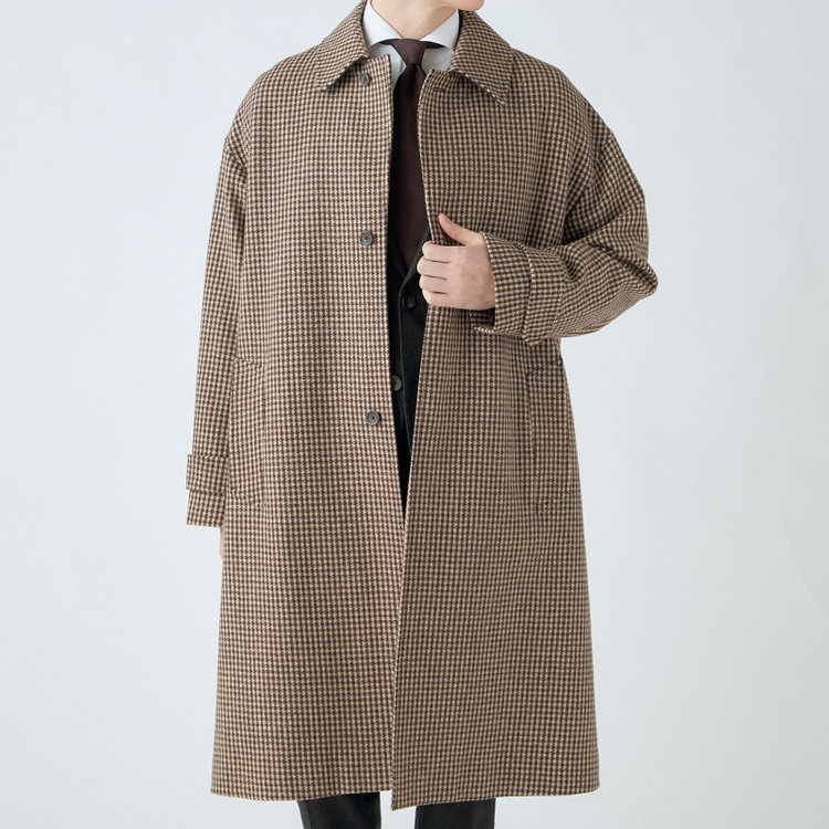 シルバーライン 【発送在庫あり】【SL】ウールブレンドステンカラードロップショルダーデュアリティサイドスリットコート/ベージュ＆ブラウン×チェック/140S BLENDED EXTRA FINE MERINO WOOL 茶中間