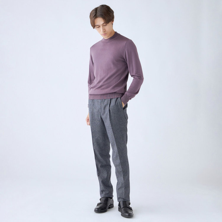 シルバーライン 【RBC】【秋冬】ウールブレンド1タックテーパードパンツ/ネイビー＆グレー×グレンチェック/ウエストムーブ/RE:NEWOOL/※裾上げ必要 紺中間