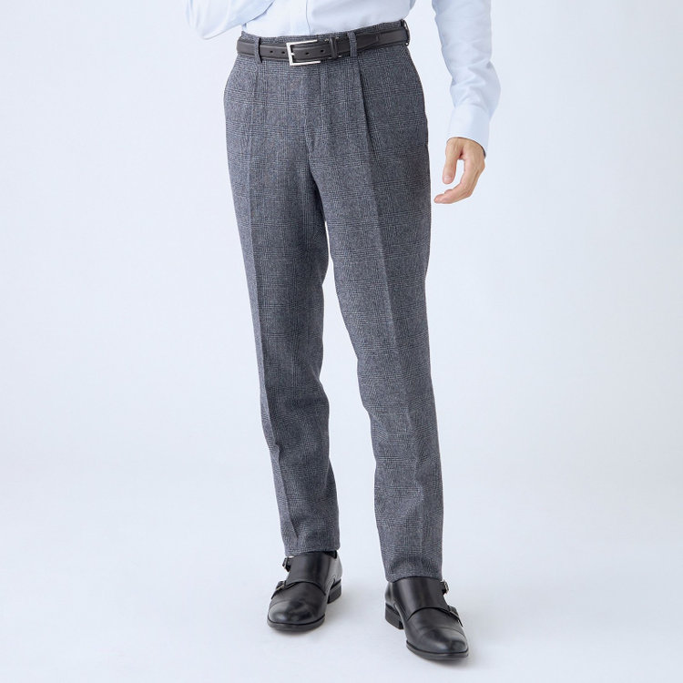 シルバーライン 【RBC】【秋冬】ウールブレンド1タックテーパードパンツ/ネイビー＆グレー×グレンチェック/ウエストムーブ/RE:NEWOOL/※裾上げ必要 紺中間