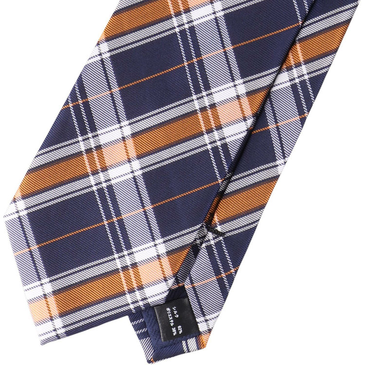 ブラックライン 【SILVER LINE】シルクブレンドチェックネクタイ 8.0cm幅/ネイビー×オレンジ×ホワイト ネイビー系(紺)
