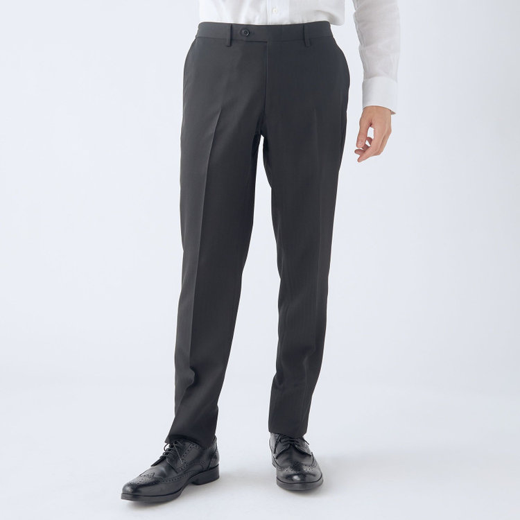ブラックライン 【WEB限定】【発送在庫あり】【SLIM TAPERED】【年間】ウォッシャブル0タックテーパードパンツ/ブラック×シャドーストライプ/ウエストシャーリング仕様/裾上げ済仕様 黒
