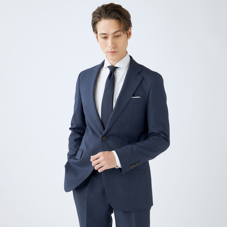 シルバーライン 【発送在庫あり】【CLASSICO TAPERED】【秋冬】スペアパンツ付き/2釦シングルスーツ 1タック/ネイビー×グレンチェックオーバーペン/ウォッシャブル/※裾上げ必要 青中間