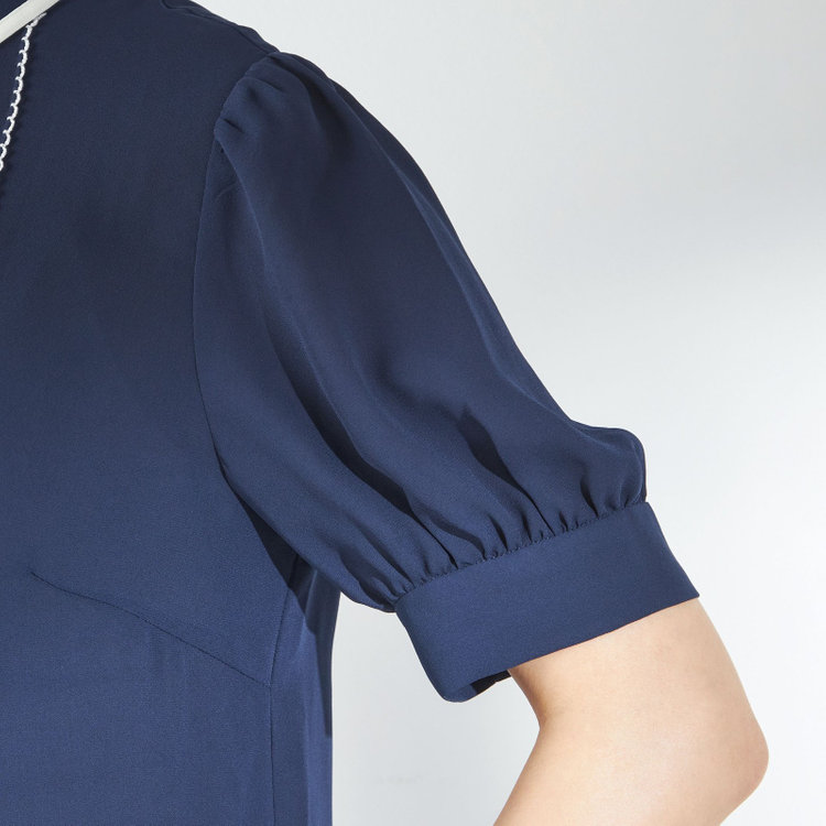 スーツセレクト 【半袖】リボン付きバンドカラーブラウス/ネイビー 紺中間