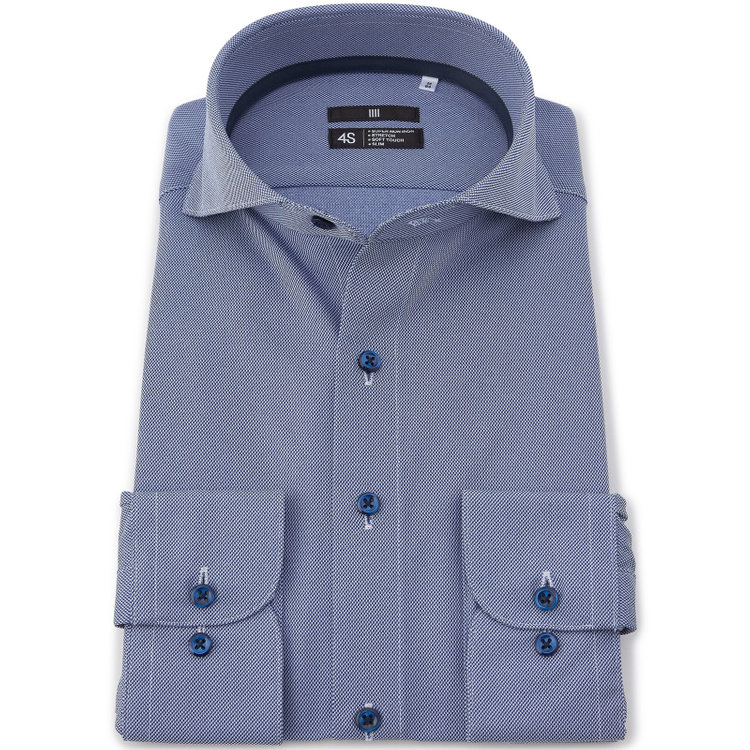 ブラックライン 【発送在庫あり】【WEB限定】【BLACK LINE】ホリゾンタルワイドワイシャツ/ブルー×ドビー/釦・釦付糸：ネイビー/「4S」スーパーノンアイロン・ストレッチ 紺中間