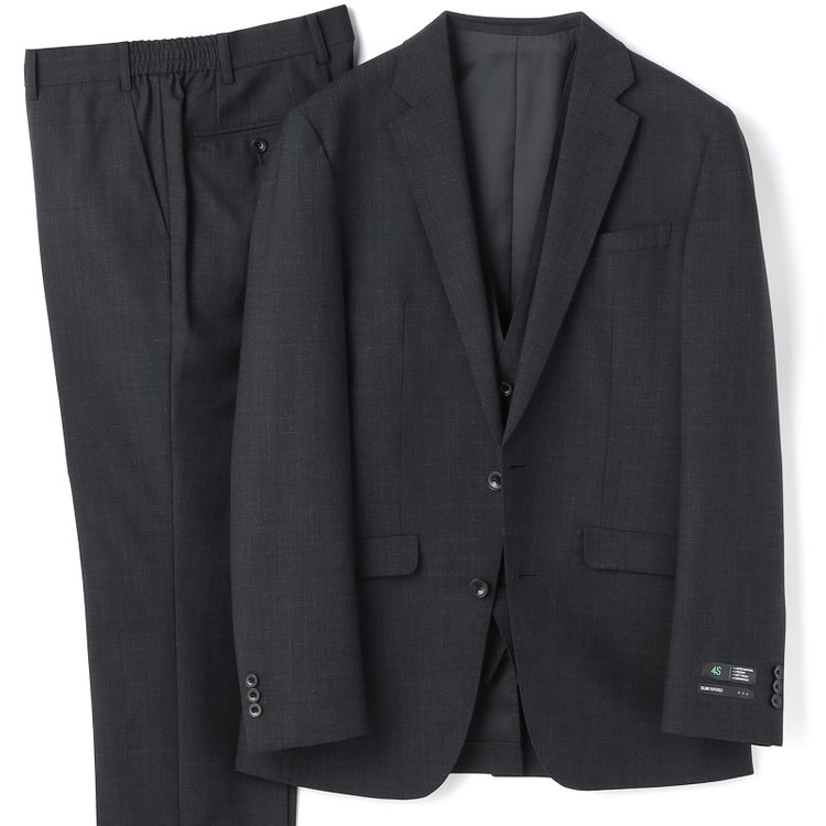 ブラックライン 【発送在庫あり】【SLIM TAPERED_2】【年間】2釦シングルスリーピーススーツ 0タック/グレー/ウエストシャーリング/4S SUSTAINABILITY&ECOLOGY FABRIC/※パンツ裾上げ済仕様 グレー中間
