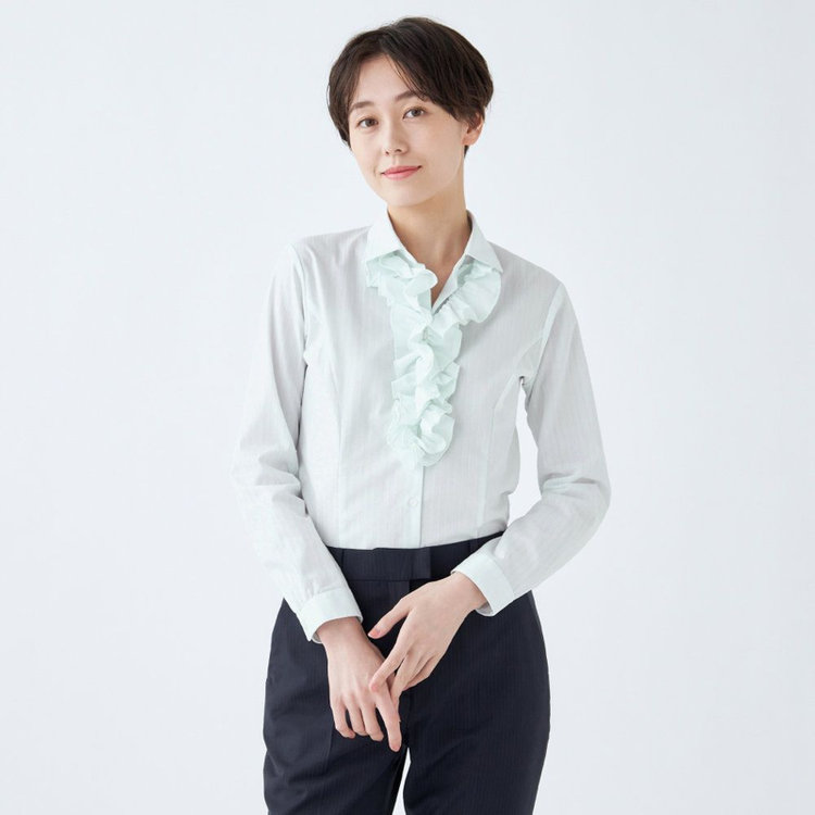 スーツセレクト 【SUIT SELECT×Samantha Thavasa】【長袖】リボン&フリル取り外しスキッパー/ミント×ドビーストライプ/形態安定 ミント系(薄緑)