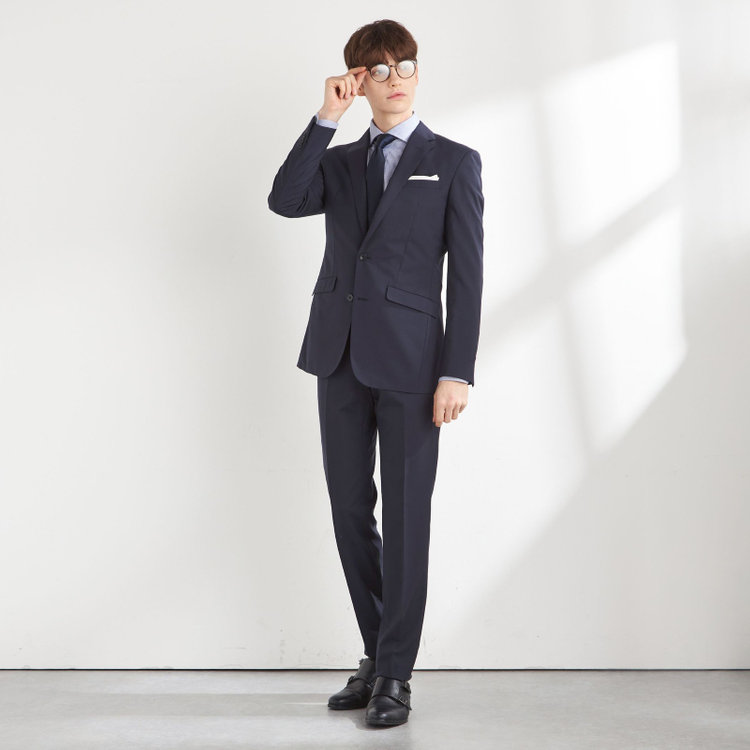 SUIT SELECT　アウトレット 【WEB限定/OUTLET/汚れ・キズ等有】【SLIM TAPERED_2】【年間】スペアパンツ付き/2釦シングルスーツ 0タック/ネイビー×ソリッド/THE RECRUIT STYLE/SHOWER CLEAN/※裾上げ必要 紺中間