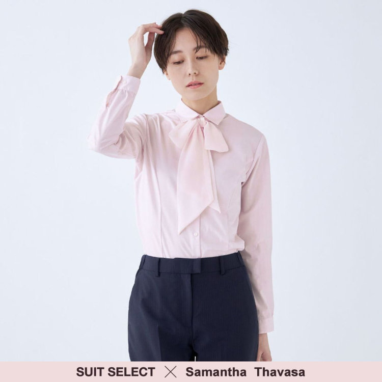 スーツセレクト 【発送在庫あり】【SUIT SELECT×Samantha Thavasa】【長袖】リボン&フリル取り外しスキッパー/ピンク×ドビーストライプ/形態安定 ピンク系(桃)