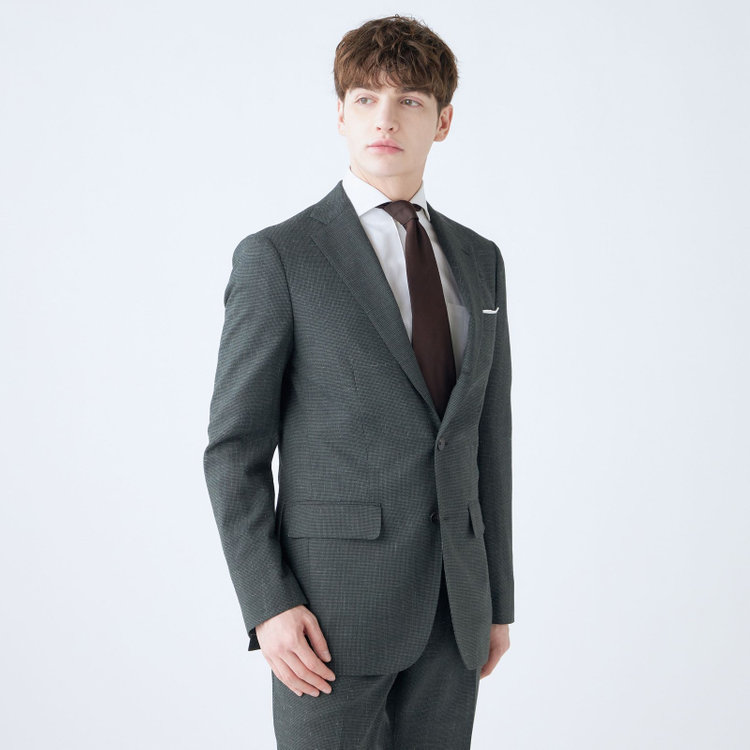 シルバーライン 【CLASSICO TAPERED】【春夏】3釦段返りシングルスーツ 2タック/カーキ×ハウンドトゥース/ウエストムーブ/NEW ZEALAND WOOL MIX/※裾上げ必要 黄淡色
