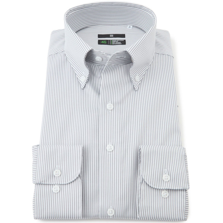 スーツセレクト 【発送在庫あり】【BLACK LINE】ボタンダウンワイシャツ/ホワイト＆グレー×ストライプ/「4S COTTON」スーパーノンアイロン・ストレッチ グレー中間