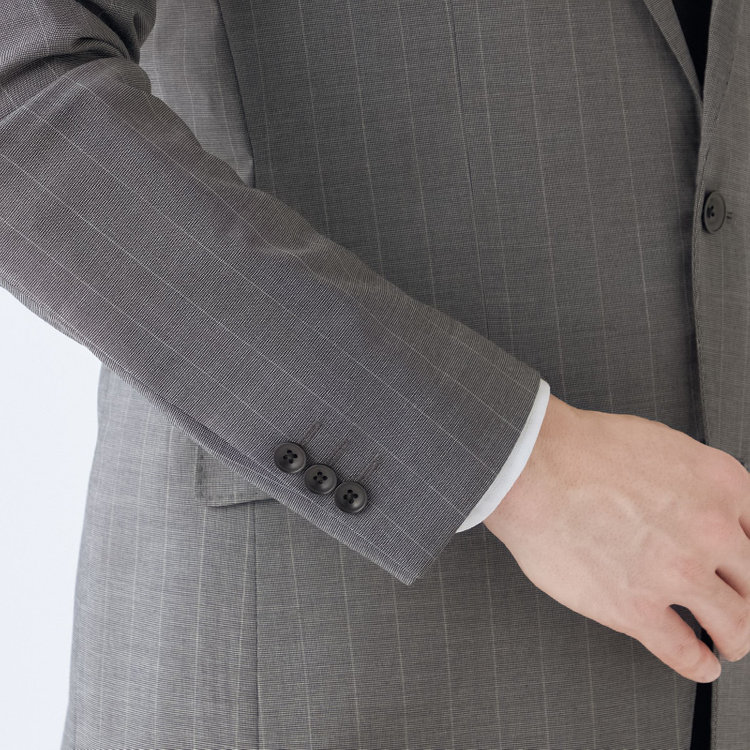 ブラックライン 【SLIM TAPERED_2】【春夏】2釦シングルスーツ 0タック/グレー×ストライプ/ウエストシャーリング/4S SUSTAINABILITY&ECOLOGY FABRIC/ウォッシャブル/※パンツ裾上げ済仕様 グレー中間