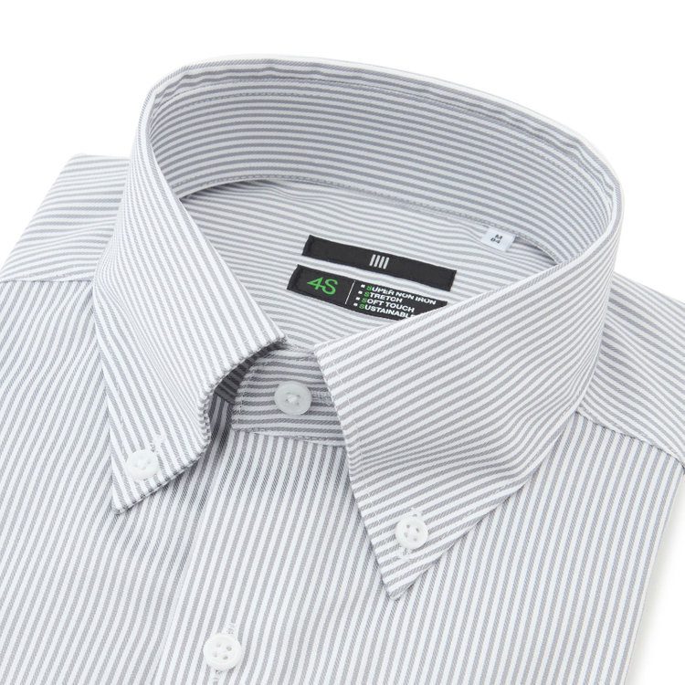 スーツセレクト 【発送在庫あり】【BLACK LINE】ボタンダウンワイシャツ/ホワイト＆グレー×ストライプ/「4S COTTON」スーパーノンアイロン・ストレッチ グレー中間