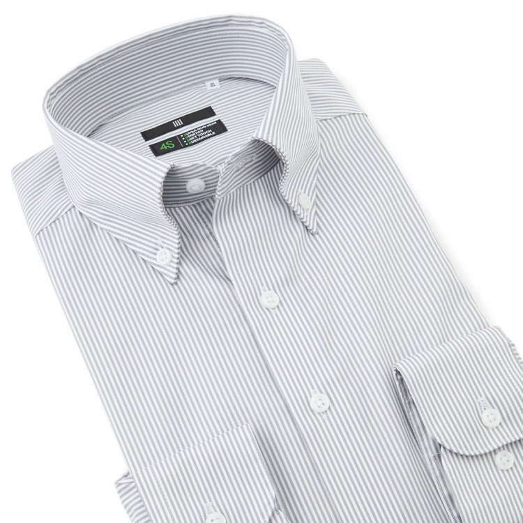 スーツセレクト 【発送在庫あり】【BLACK LINE】ボタンダウンワイシャツ/ホワイト＆グレー×ストライプ/「4S COTTON」スーパーノンアイロン・ストレッチ グレー中間