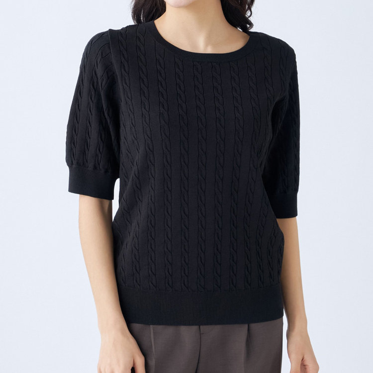 シルバーライン 【SILVER LINE/５分袖】ケーブル編みクルーネックニット/ブラック 黒