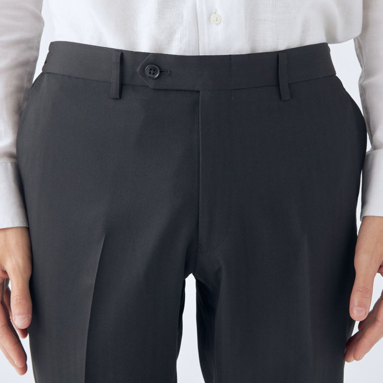 ブラックライン 【WEB限定】【発送在庫あり】【SLIM TAPERED】【年間】ウォッシャブル0タックテーパードパンツ/ブラック×シャドーストライプ/ウエストシャーリング仕様/裾上げ済仕様 黒