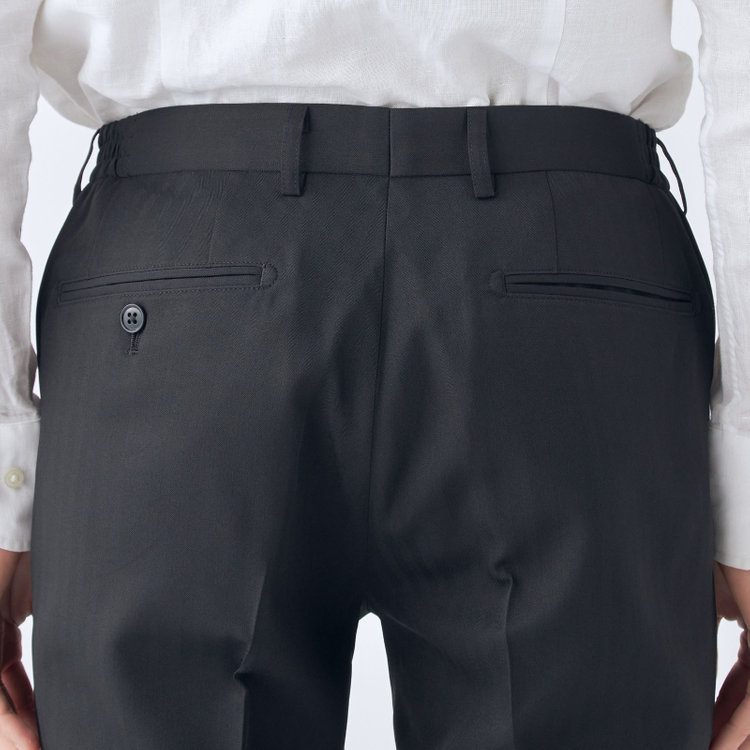 ブラックライン 【WEB限定】【発送在庫あり】【SLIM TAPERED】【年間】ウォッシャブル0タックテーパードパンツ/ブラック×シャドーストライプ/ウエストシャーリング仕様/裾上げ済仕様 黒