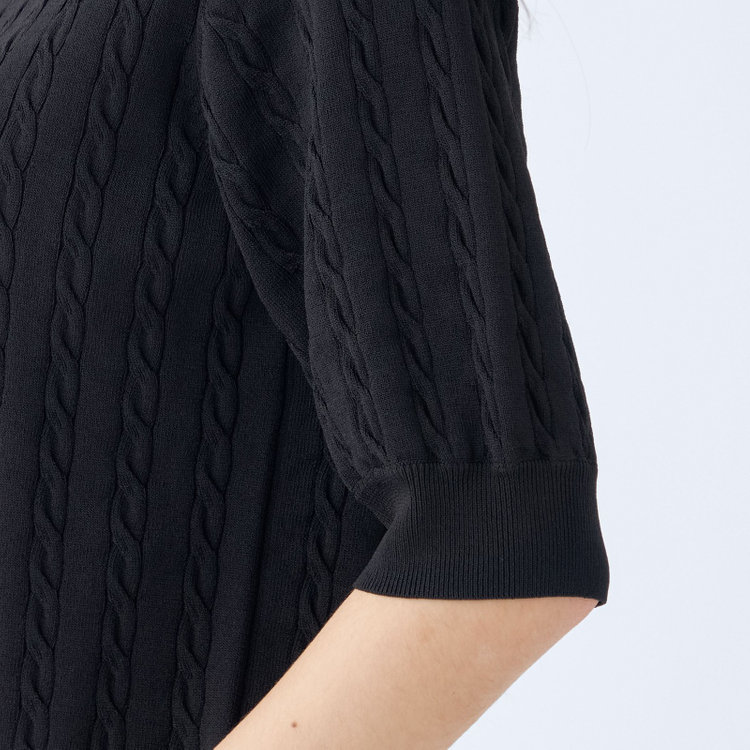 シルバーライン 【SILVER LINE/５分袖】ケーブル編みクルーネックニット/ブラック 黒