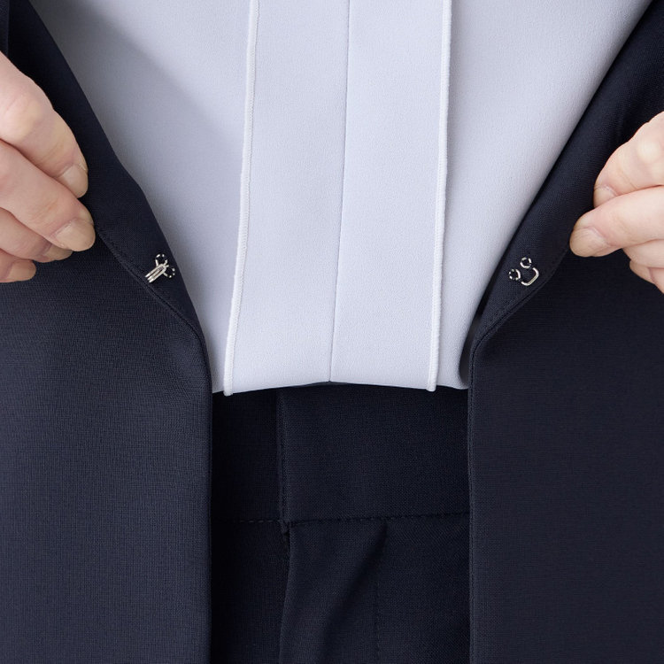 シルバーライン 【RELAX TAPERED】【年間】ノーカラー ホック留めパンツスーツ/ネイビー/ウエストシャーリング仕様/ウォッシャブル/※パンツ裾上げ済仕様 紺濃色