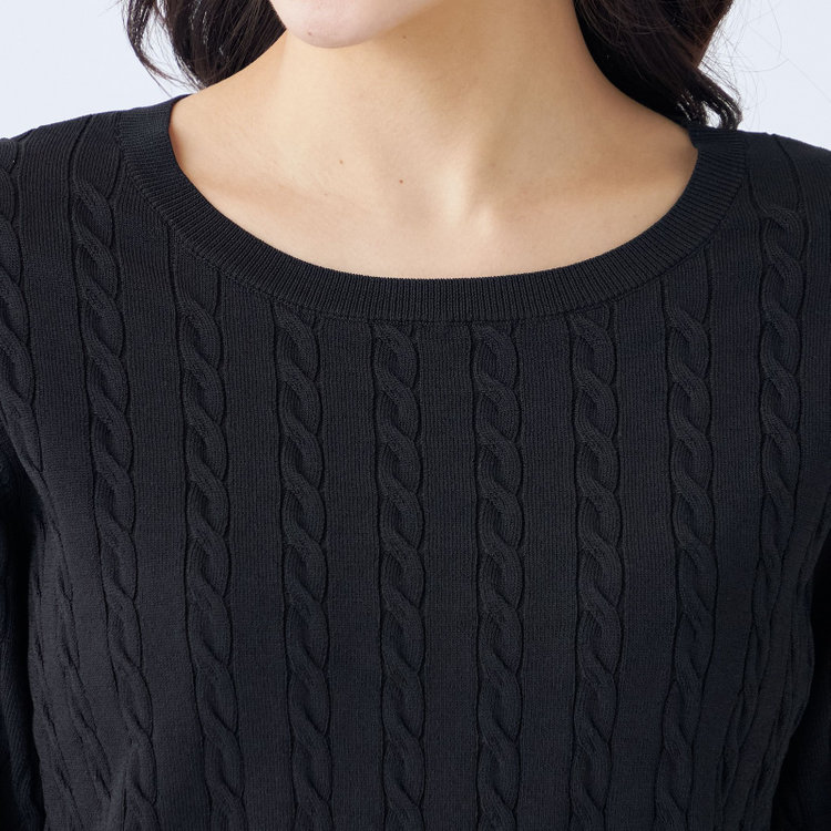 シルバーライン 【SILVER LINE/５分袖】ケーブル編みクルーネックニット/ブラック 黒