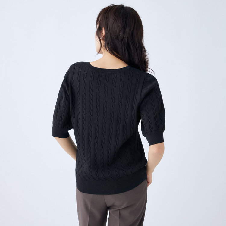 シルバーライン 【SILVER LINE/５分袖】ケーブル編みクルーネックニット/ブラック 黒