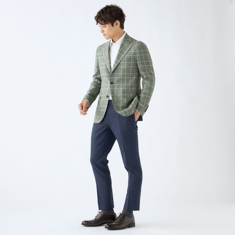 シルバーライン 【CLASSICO TAPERED】【春夏】リネンウールワイドラペル3釦段返りジャケット/グリーン×チェック/DRAGO lanificio in billa fabric made in italy 緑中間