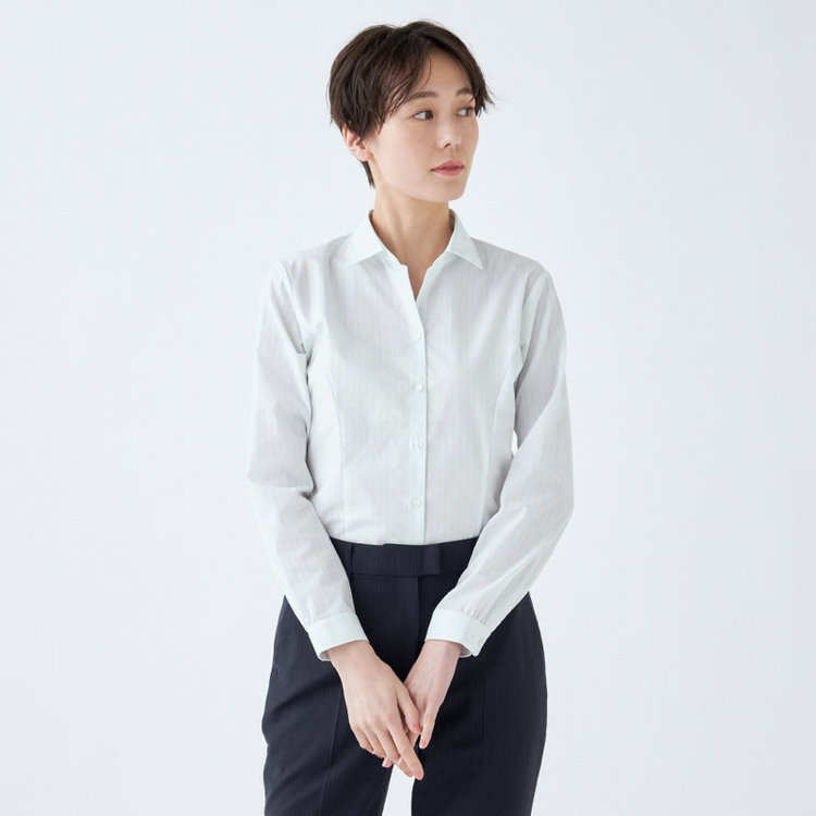 スーツセレクト 【SUIT SELECT×Samantha Thavasa】【長袖】リボン&フリル取り外しスキッパー/ミント×ドビーストライプ/形態安定 ミント系(薄緑)