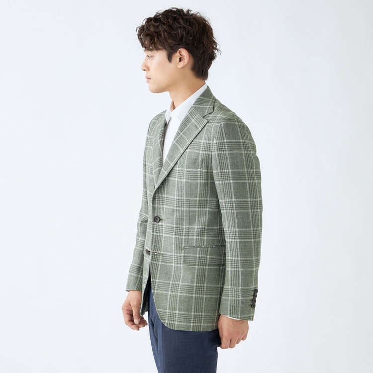 シルバーライン 【CLASSICO TAPERED】【春夏】リネンウールワイドラペル3釦段返りジャケット/グリーン×チェック/DRAGO lanificio in billa fabric made in italy 緑中間