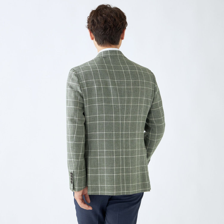 シルバーライン 【CLASSICO TAPERED】【春夏】リネンウールワイドラペル3釦段返りジャケット/グリーン×チェック/DRAGO lanificio in billa fabric made in italy 緑中間