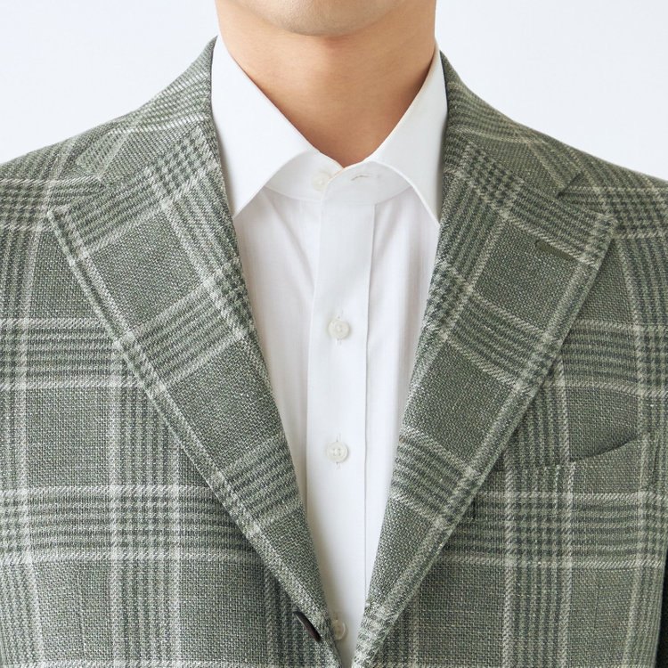 シルバーライン 【CLASSICO TAPERED】【春夏】リネンウールワイドラペル3釦段返りジャケット/グリーン×チェック/DRAGO lanificio in billa fabric made in italy 緑中間