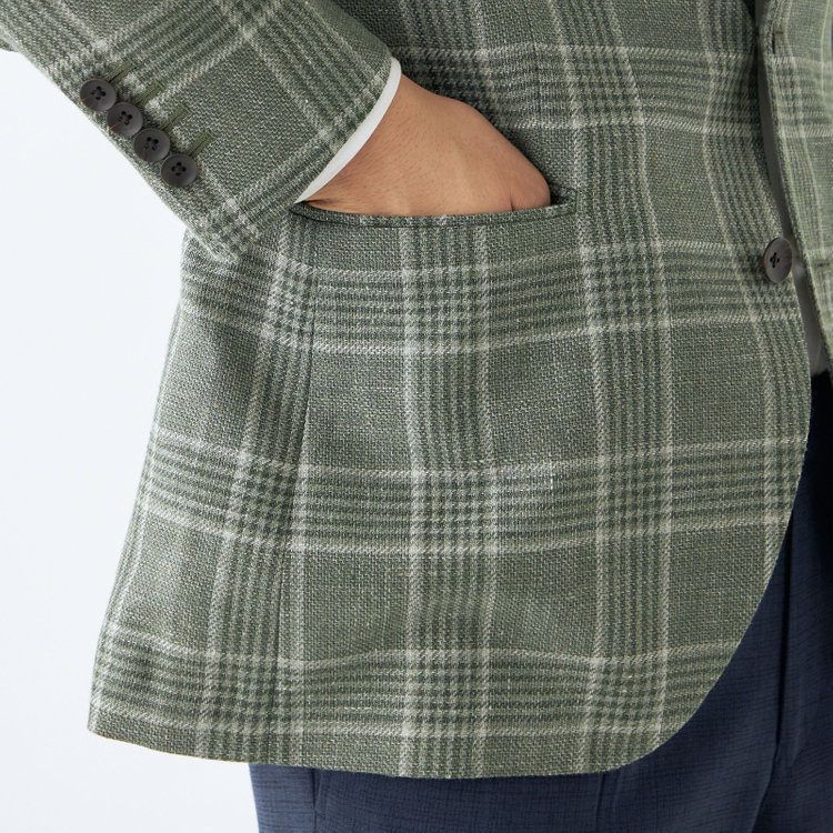 シルバーライン 【CLASSICO TAPERED】【春夏】リネンウールワイドラペル3釦段返りジャケット/グリーン×チェック/DRAGO lanificio in billa fabric made in italy 緑中間
