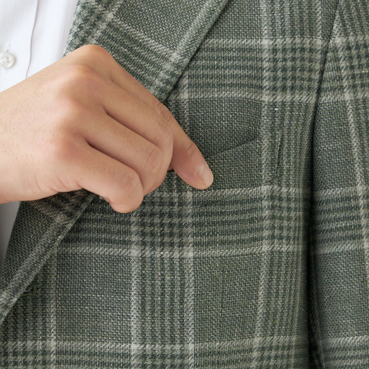 シルバーライン 【CLASSICO TAPERED】【春夏】リネンウールワイドラペル3釦段返りジャケット/グリーン×チェック/DRAGO lanificio in billa fabric made in italy 緑中間