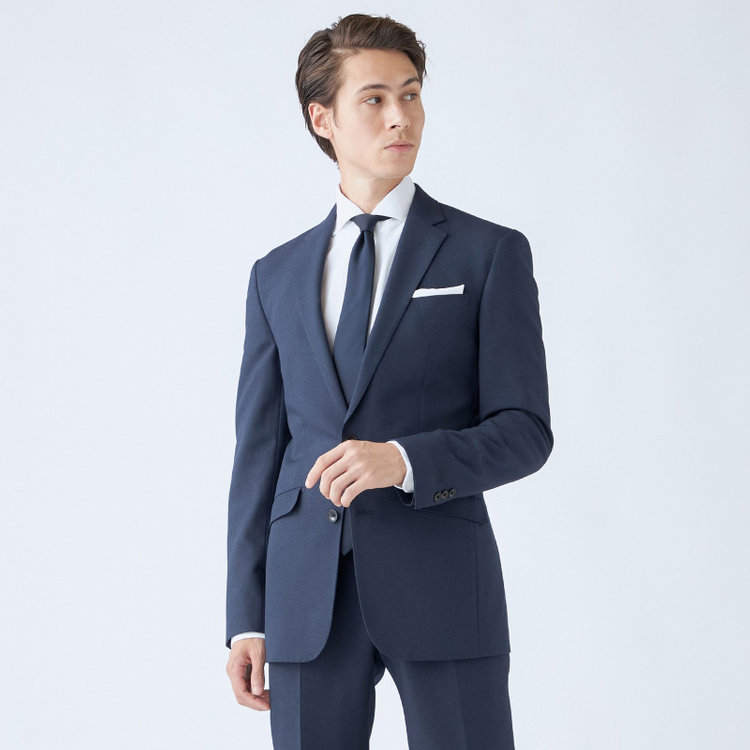 ブラックライン 【SLIM TAPERED_2】【年間】2釦シングルスーツ 0タック/ネイビー/ウエストシャーリング/4S SUSTAINABILITY&ECOLOGY FABRIC/ウォッシャブル/※パンツ裾上げ済仕様 紺中間