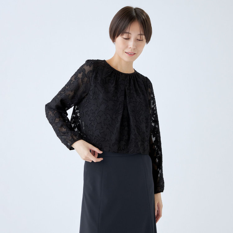 シルバーライン 【SL/長袖】カットジャカードレイヤードプルオーバーブラウス/ブラック/ウォッシャブル 黒