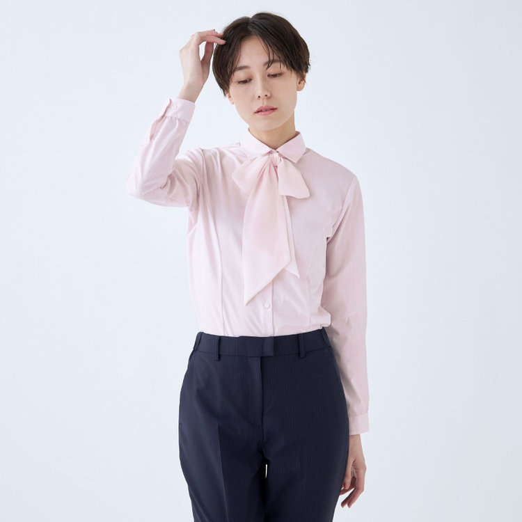 SUIT SELECT　アウトレット 【WEB限定/OUTLET/汚れ・キズ等有】【SUIT SELECT×Samantha Thavasa】【形態安定】リボン&フリル取り外しスキッパー/ピンク×ドビーストライプ 赤淡色