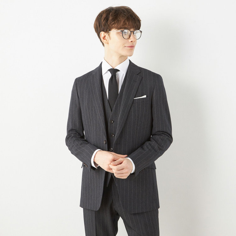 ブラックライン 【SLIM TAPERED_2】【秋冬】2釦シングルスリーピーススーツ 0タック/グレー×ストライプ/ウエストシャーリング/4S SUSTAINABILITY&ECOLOGY FABRIC/※パンツ裾上げ済仕様 グレー濃色