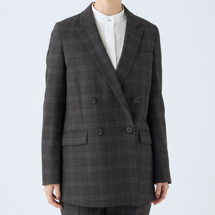 シルバーライン 【SL】【秋冬】4釦1掛けダブルパンツスーツ/グレー×チェック/パンツウエストシャーリング/ウォッシャブル/※パンツ裾上げ済仕様 グレー濃色