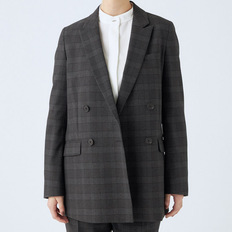シルバーライン 【SL】【秋冬】4釦1掛けダブルパンツスーツ/グレー×チェック/パンツウエストシャーリング/ウォッシャブル/※パンツ裾上げ済仕様 グレー濃色