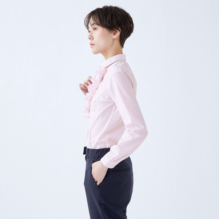 SUIT SELECT　アウトレット 【WEB限定/OUTLET/汚れ・キズ等有】【SUIT SELECT×Samantha Thavasa】【形態安定】リボン&フリル取り外しスキッパー/ピンク×ドビーストライプ 赤淡色