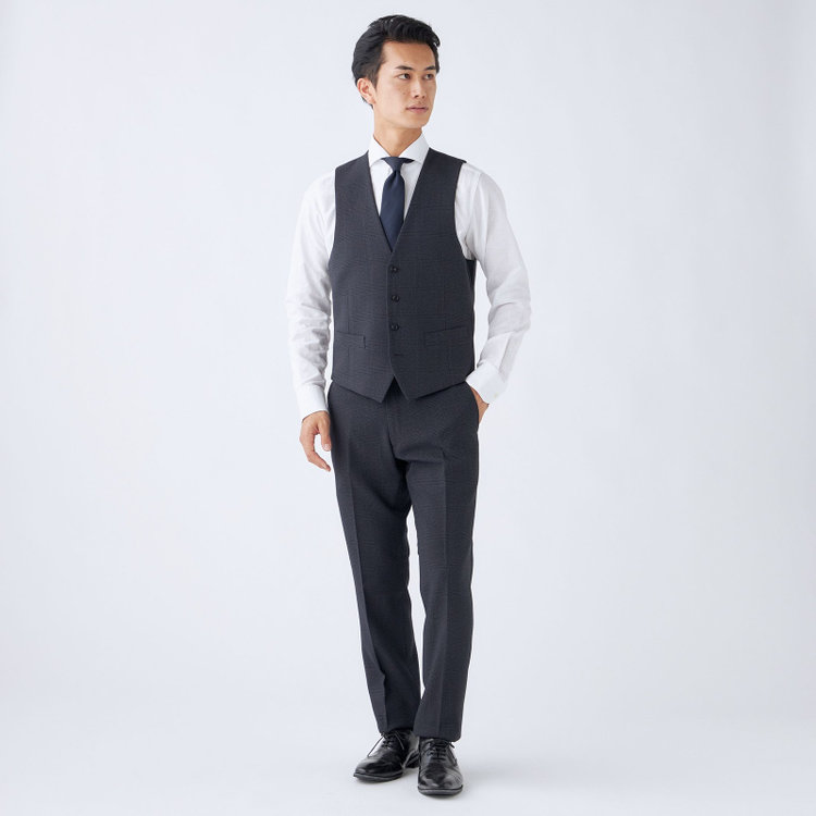 ブラックライン 【発送在庫あり】【SLIM TAPERED_2】【秋冬】2釦シングルスリーピーススーツ 0タック/ネイビー×チェック/ウエストシャーリング/4S SUSTAINABILITY&ECOLOGY FABRIC/※パンツ裾上げ済仕様 紺濃色