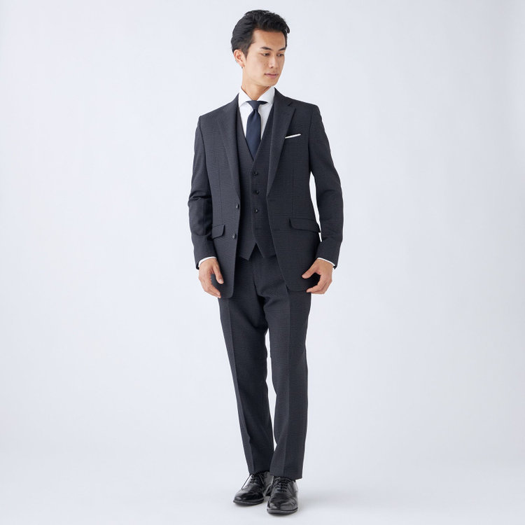 ブラックライン 【発送在庫あり】【SLIM TAPERED_2】【秋冬】2釦シングルスリーピーススーツ 0タック/ネイビー×チェック/ウエストシャーリング/4S SUSTAINABILITY&ECOLOGY FABRIC/※パンツ裾上げ済仕様 紺濃色