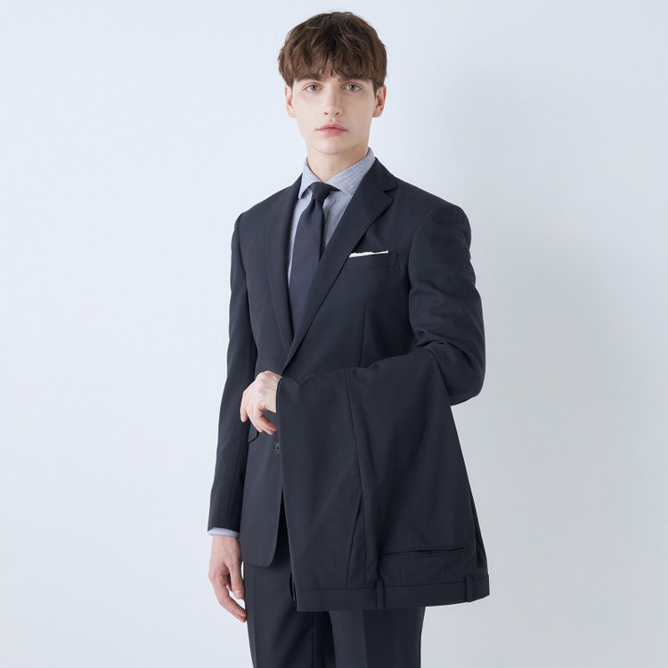 ブラックライン 【KSW】【春夏】スペアパンツ付き/2釦シングルスーツ 0タック/ネイビー×チェック/WASHABLE SUIT/※パンツ裾直し必要 紺中間