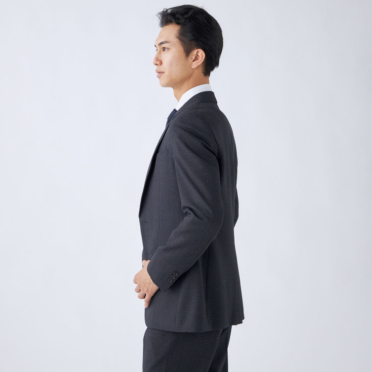 ブラックライン 【発送在庫あり】【SLIM TAPERED_2】【秋冬】2釦シングルスリーピーススーツ 0タック/ネイビー×チェック/ウエストシャーリング/4S SUSTAINABILITY&ECOLOGY FABRIC/※パンツ裾上げ済仕様 紺濃色