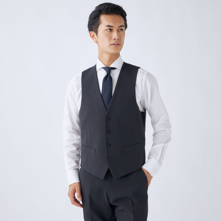 ブラックライン 【発送在庫あり】【SLIM TAPERED_2】【秋冬】2釦シングルスリーピーススーツ 0タック/ネイビー×チェック/ウエストシャーリング/4S SUSTAINABILITY&ECOLOGY FABRIC/※パンツ裾上げ済仕様 紺濃色