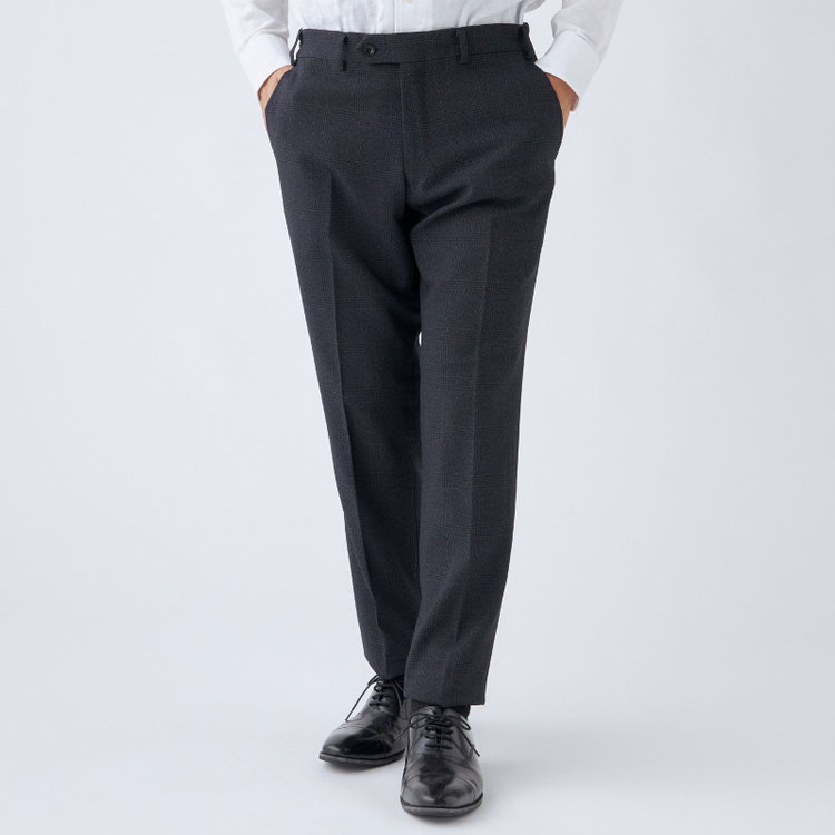 ブラックライン 【発送在庫あり】【SLIM TAPERED_2】【秋冬】2釦シングルスリーピーススーツ 0タック/ネイビー×チェック/ウエストシャーリング/4S SUSTAINABILITY&ECOLOGY FABRIC/※パンツ裾上げ済仕様 紺濃色