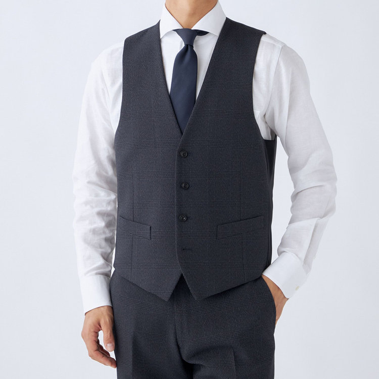 ブラックライン 【発送在庫あり】【SLIM TAPERED_2】【秋冬】2釦シングルスリーピーススーツ 0タック/ネイビー×チェック/ウエストシャーリング/4S SUSTAINABILITY&ECOLOGY FABRIC/※パンツ裾上げ済仕様 紺濃色