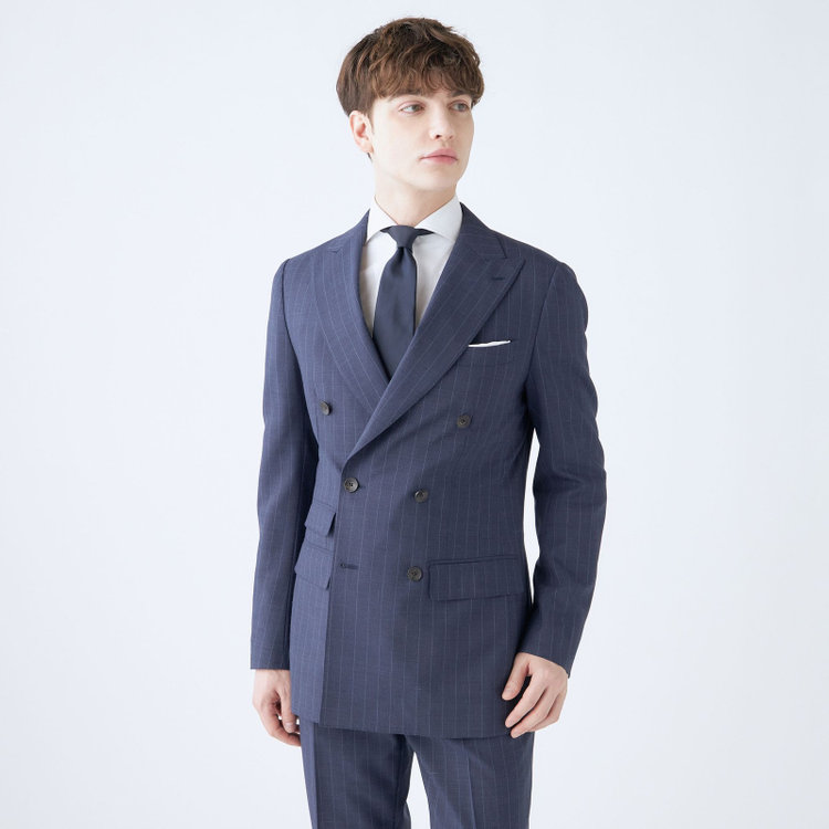 シルバーライン 【CLASSICO TAPERED】【春夏】6釦2掛けダブルスーツ 2タック/ネイビー×ストライプ/チェンジポケット/ウエストムーブ/NEW ZEALAND WOOL MIX/※裾上げ必要 青中間