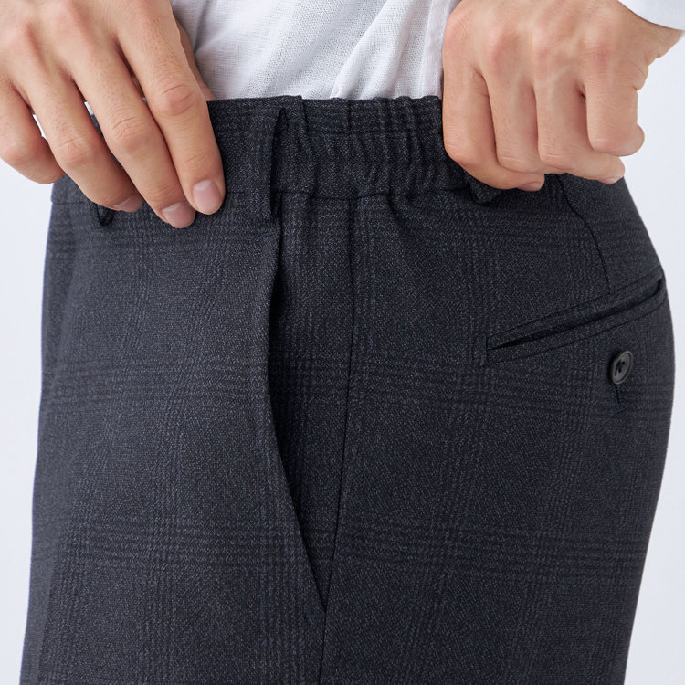 ブラックライン 【発送在庫あり】【SLIM TAPERED_2】【秋冬】2釦シングルスリーピーススーツ 0タック/ネイビー×チェック/ウエストシャーリング/4S SUSTAINABILITY&ECOLOGY FABRIC/※パンツ裾上げ済仕様 紺濃色