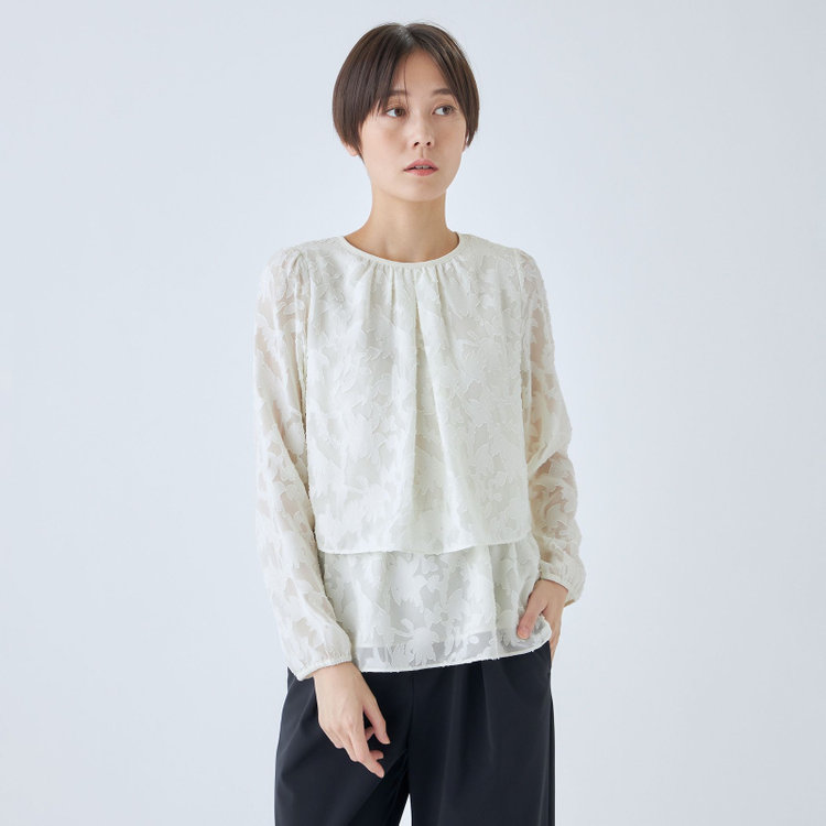 シルバーライン 【SL/長袖】カットジャカードレイヤードプルオーバーブラウス/ホワイト/ウォッシャブル 白